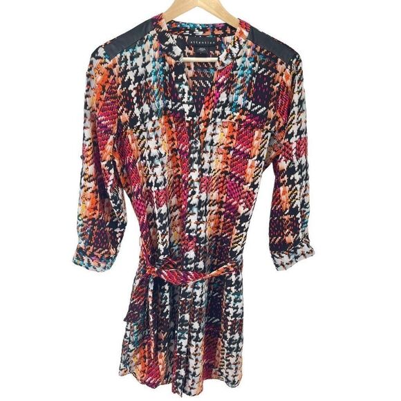 Attention Button-up Multicolor Shirt Dress mod medium EUC houndstooth rainbow - Picture 8 of 16